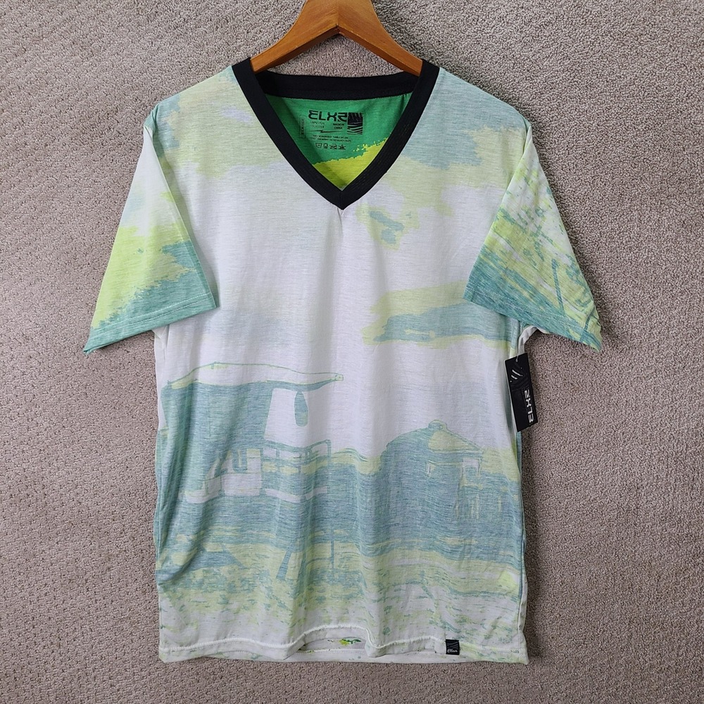 Elxr Shirt Mens XL Green Graphic V Neck Spun Polyester Short Sleeve Casual NEW